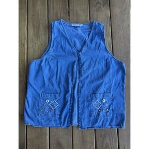 Vintage Lavander Floral Embroidered Pockets Denim Vest 2x Retro Grandma Teacher